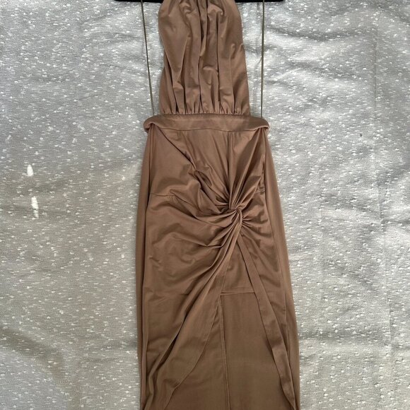 Miss Avenue Taupe Ruched Halter Dress Size Small Y2K Goddesscore Sexy Draped - Picture 8 of 11